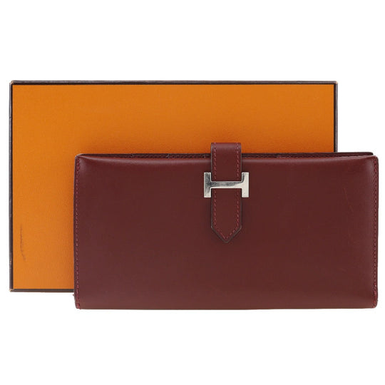 HERMES Long Wallet Purse Calfskin wine-red Bean Women Used Authentic