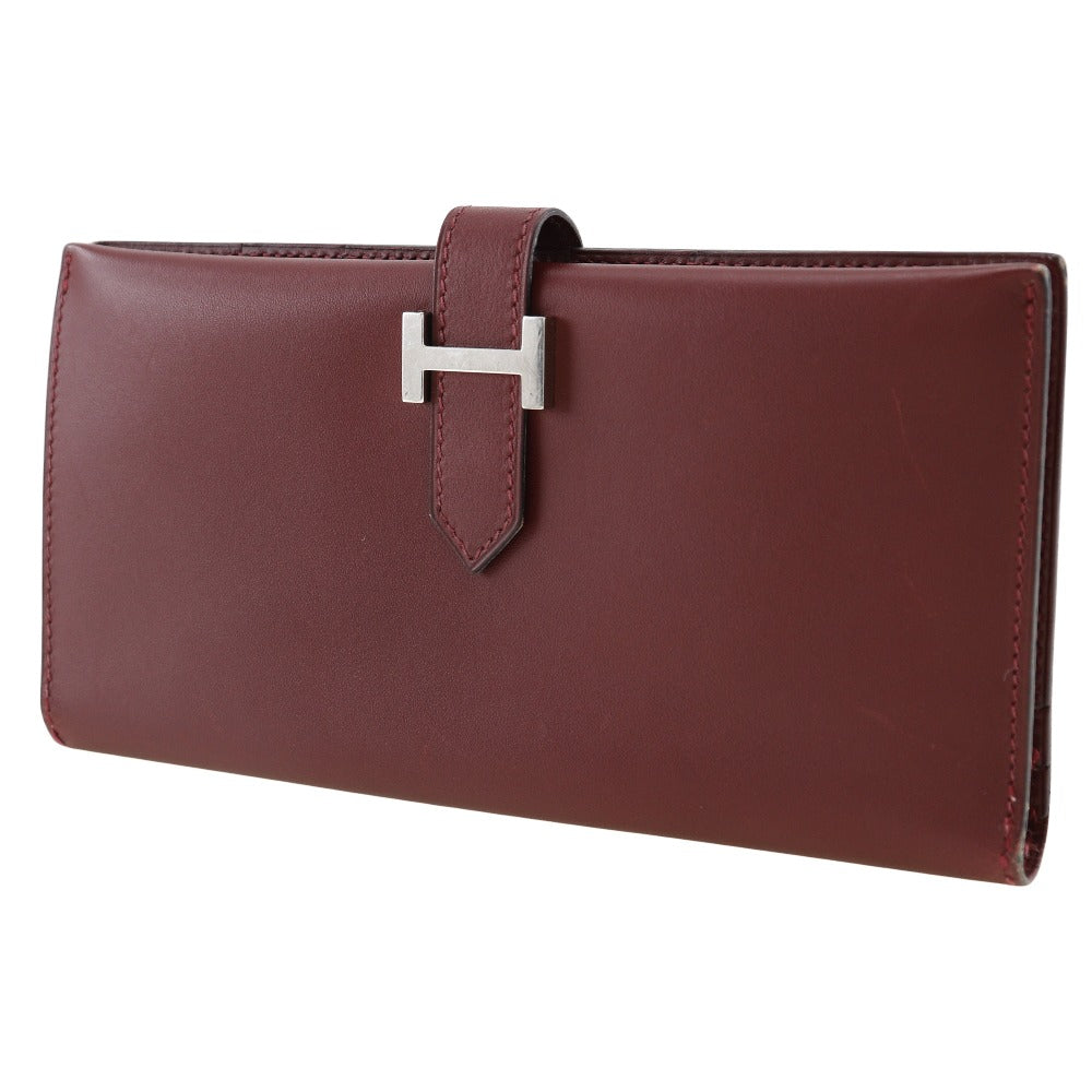 HERMES Long Wallet Purse Calfskin wine-red Bean Women Used Authentic