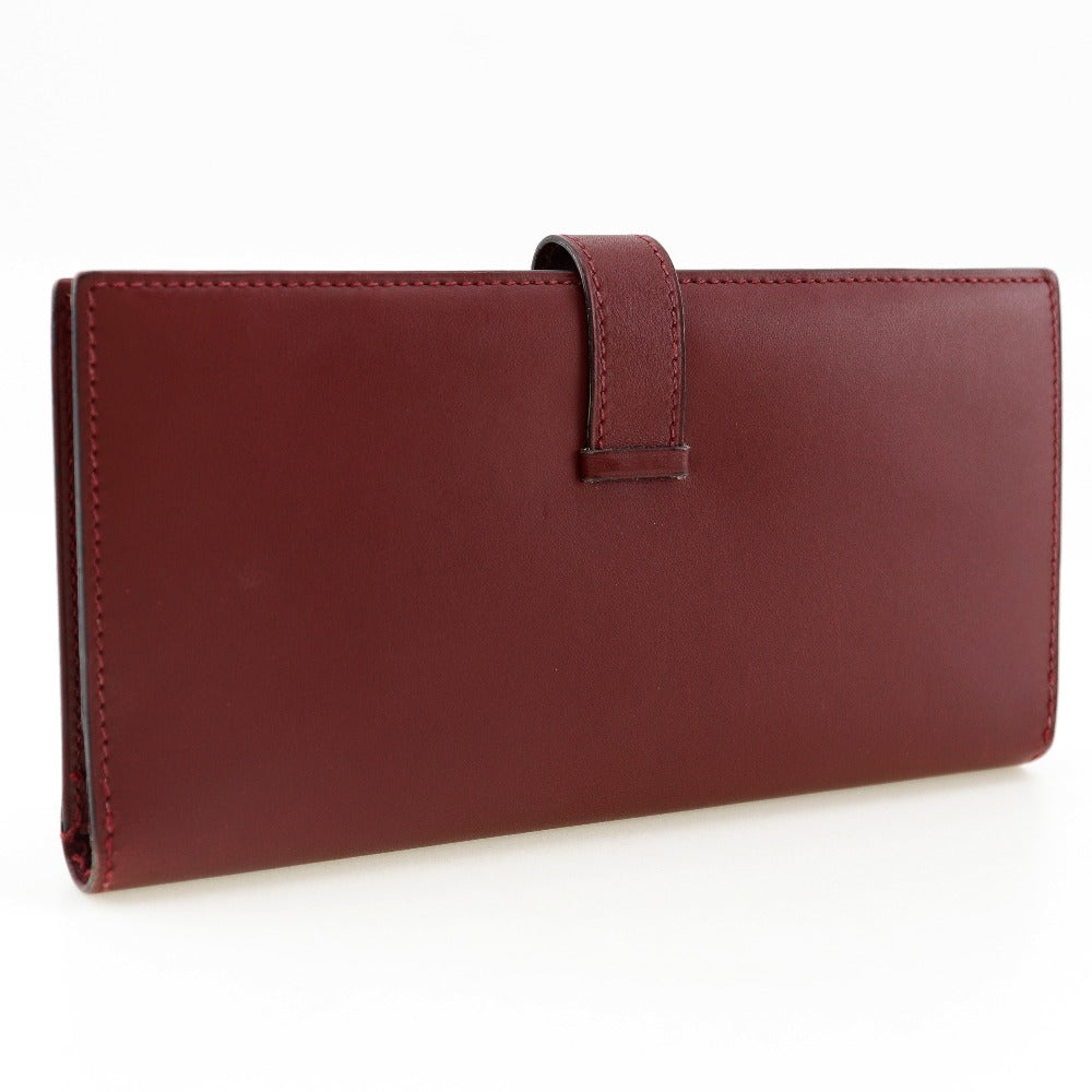 HERMES Long Wallet Purse Calfskin wine-red Bean Women Used Authentic
