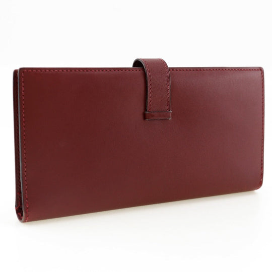 HERMES Long Wallet Purse Calfskin wine-red Bean Women Used Authentic