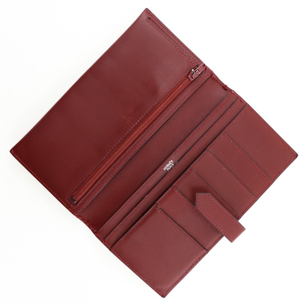 HERMES Long Wallet Purse Calfskin wine-red Bean Women Used Authentic