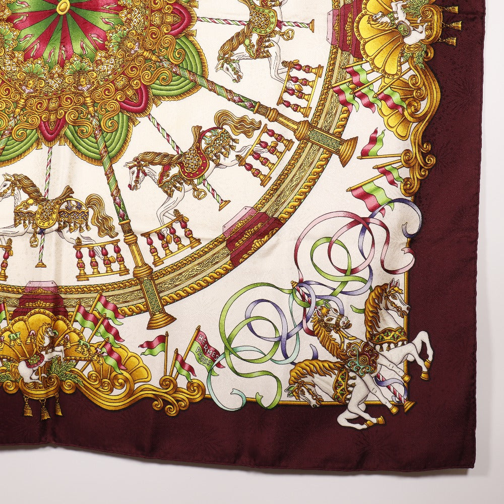 HERMES scarf silk wine-red LUNA PARK amusement park Carre90 Women Used Authentic