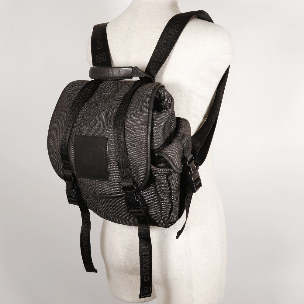 CHANEL Backpack canvas Black / Silver COCO Mark Sports line Backpack Women Used Authentic
