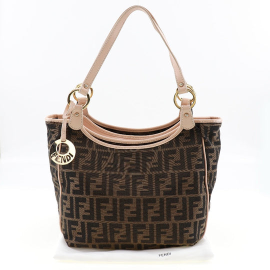 FENDI Tote Bag 8BH156 canvas Brown Logo charm Zucca Women Used Authentic