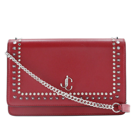 JIMMY CHOO Long Wallet Purse 06162 Calf leather Red Chain wallet logoMetal Varenne Studs Women Used Authentic