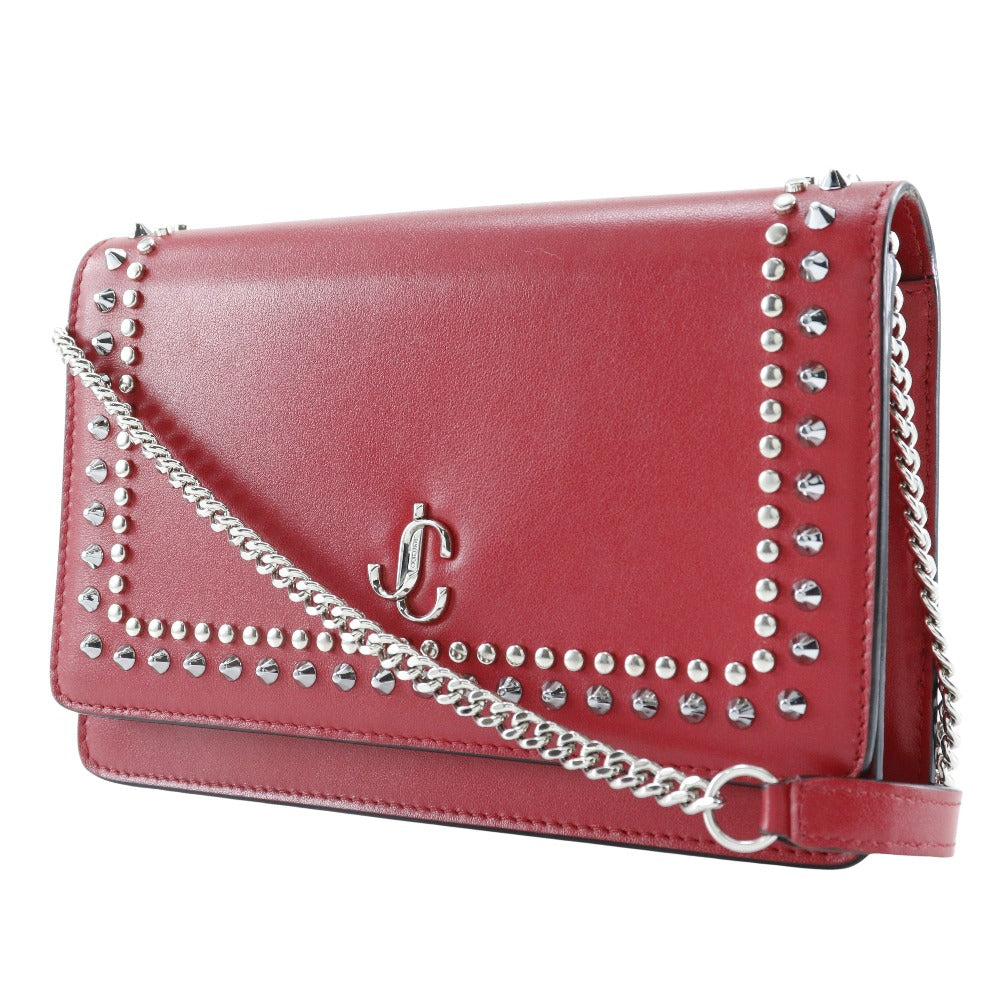 JIMMY CHOO Long Wallet Purse 06162 Calf leather Red Chain wallet logoMetal Varenne Studs Women Used Authentic