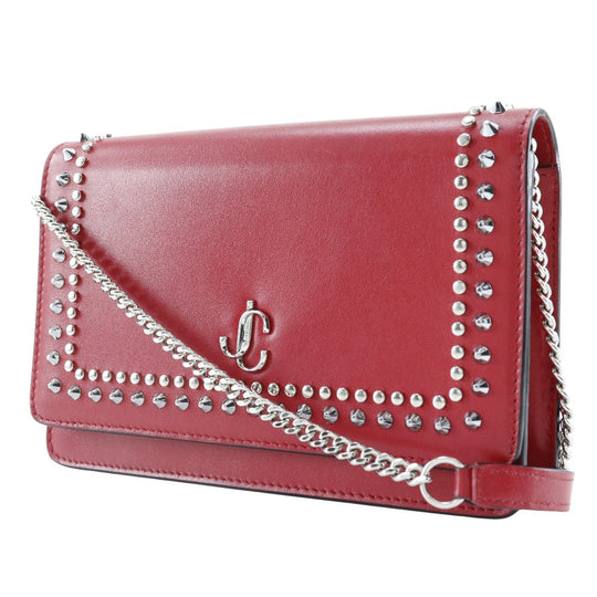 JIMMY CHOO Long Wallet Purse 06162 Calf leather Red Chain wallet logoMetal Varenne Studs Women Used Authentic