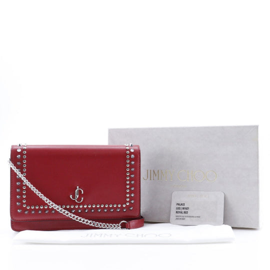 JIMMY CHOO Long Wallet Purse 06162 Calf leather Red Chain wallet logoMetal Varenne Studs Women Used Authentic