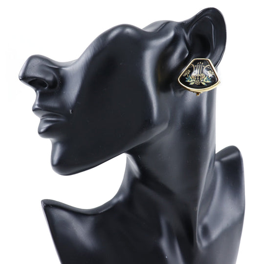 HERMES Earring Plated Gold black Cloisonne Emile Harp motif Women Used Authentic
