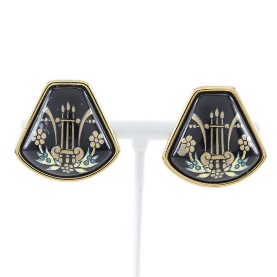 HERMES Earring Plated Gold black Cloisonne Emile Harp motif Women Used Authentic
