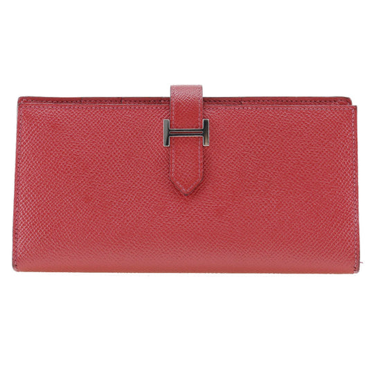 HERMES Long Wallet Purse Epsom Red Beansufla Women Used Authentic