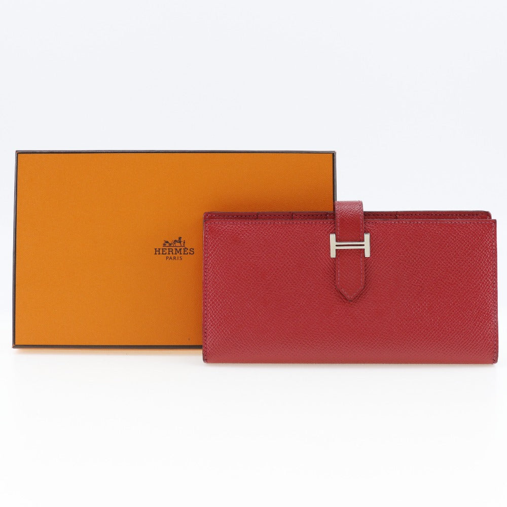 HERMES Long Wallet Purse Epsom Red Beansufla Women Used Authentic