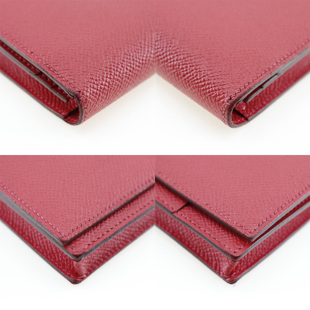 HERMES Long Wallet Purse Epsom Red Beansufla Women Used Authentic