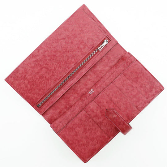 HERMES Long Wallet Purse Epsom Red Beansufla Women Used Authentic