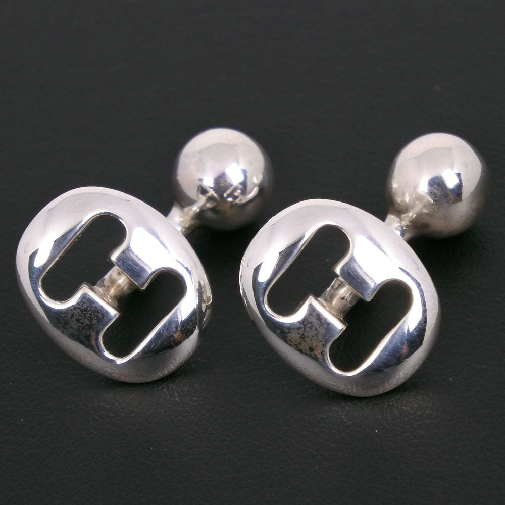 HERMES cuffs metallic Silver vintage H logo mens Used Authentic