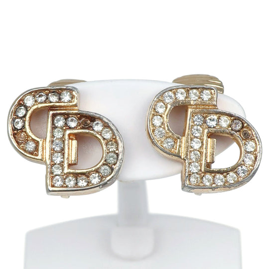Dior Earring Plated Gold, Rhinestones gold CD logo Women Used Authentic