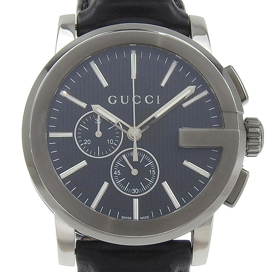 GUCCI Watches Quartz 101.2 Stainless Steel , Embossed Leather black G Chrono black dial mens Used Authentic
