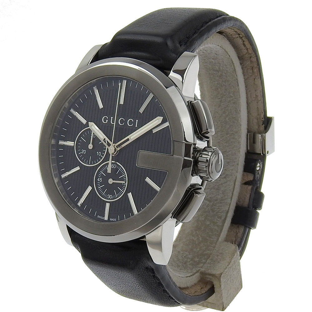 GUCCI Watches Quartz 101.2 Stainless Steel , Embossed Leather black G Chrono black dial mens Used Authentic