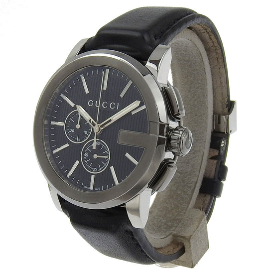 GUCCI Watches Quartz 101.2 Stainless Steel , Embossed Leather black G Chrono black dial mens Used Authentic