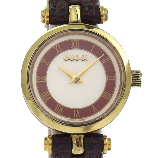 GUCCI Watches Quartz Plated Gold, embossed leather gold Side Shelly White dial Women Used Authentic