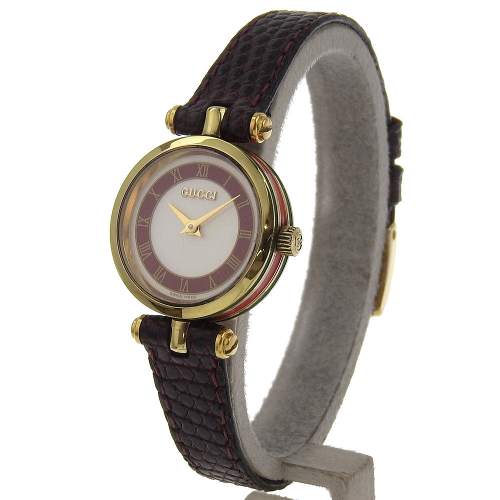 GUCCI Watches Quartz Plated Gold, embossed leather gold Side Shelly White dial Women Used Authentic
