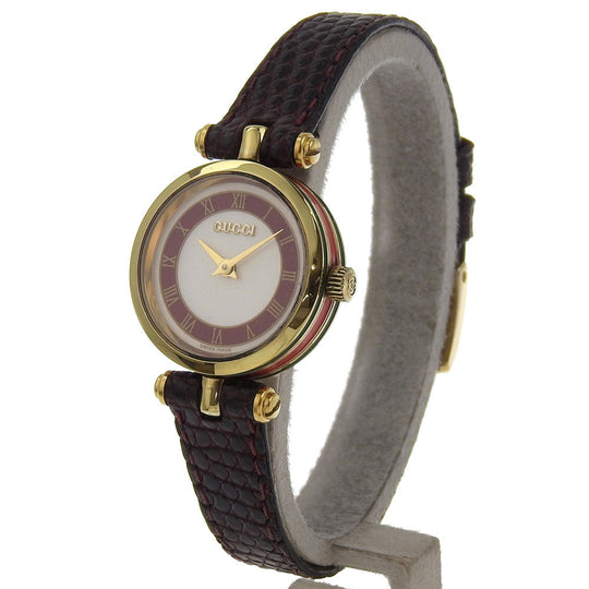 GUCCI Watches Quartz Plated Gold, embossed leather gold Side Shelly White dial Women Used Authentic
