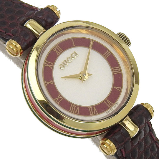 GUCCI Watches Quartz Plated Gold, embossed leather gold Side Shelly White dial Women Used Authentic