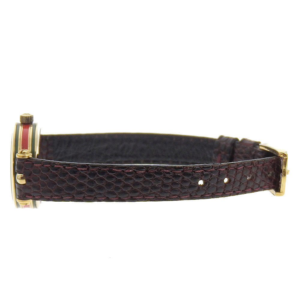 GUCCI Watches Quartz Plated Gold, embossed leather gold Side Shelly White dial Women Used Authentic