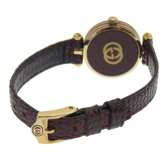 GUCCI Watches Quartz Plated Gold, embossed leather gold Side Shelly White dial Women Used Authentic