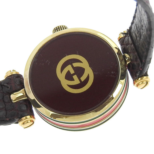 GUCCI Watches Quartz Plated Gold, embossed leather gold Side Shelly White dial Women Used Authentic