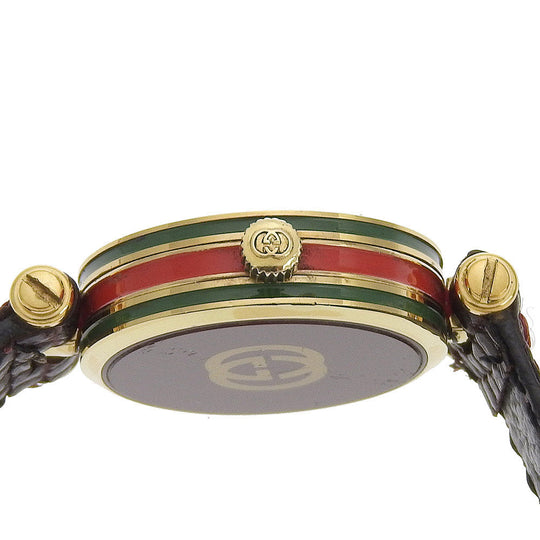 GUCCI Watches Quartz Plated Gold, embossed leather gold Side Shelly White dial Women Used Authentic