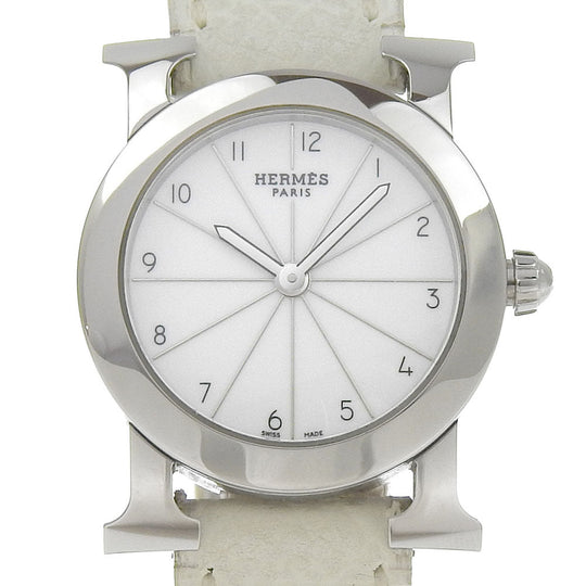 HERMES Watches Quartz HR1.210 Stainless Steel , Embossed Leather Silver H watch Rondo White dial Women Used Authentic