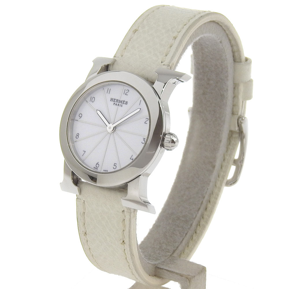 HERMES Watches Quartz HR1.210 Stainless Steel , Embossed Leather Silver H watch Rondo White dial Women Used Authentic