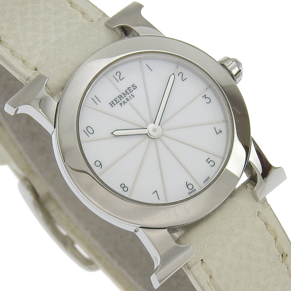HERMES Watches Quartz HR1.210 Stainless Steel , Embossed Leather Silver H watch Rondo White dial Women Used Authentic