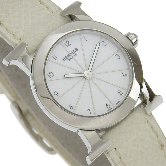 HERMES Watches Quartz HR1.210 Stainless Steel , Embossed Leather Silver H watch Rondo White dial Women Used Authentic