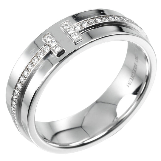 TIFFANY&Co. Ring K18 White Gold, Diamond Silver T TWO wide Women Used Authentic