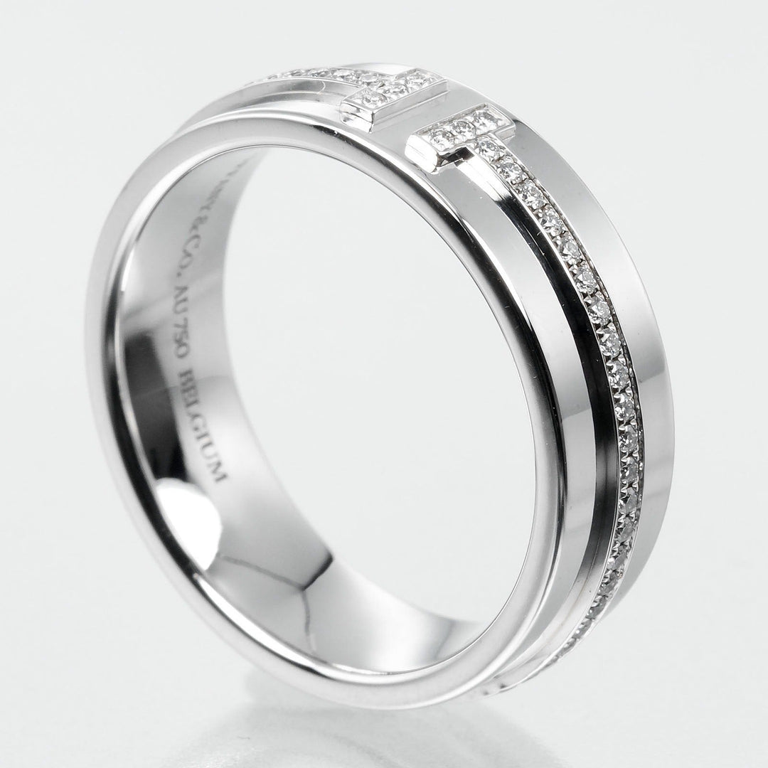 TIFFANY&Co. Ring K18 White Gold, Diamond Silver T TWO wide Women Used Authentic