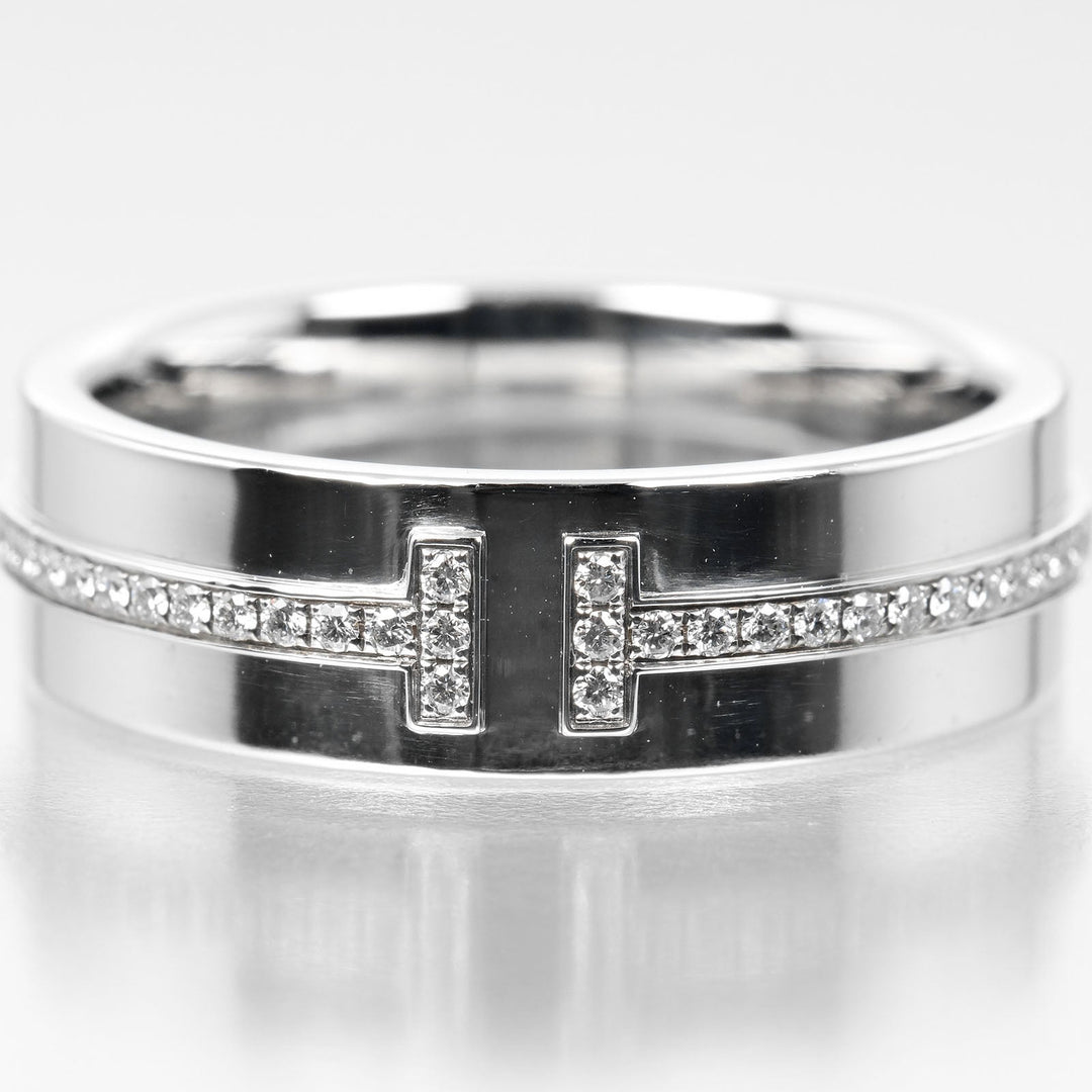 TIFFANY&Co. Ring K18 White Gold, Diamond Silver T TWO wide Women Used Authentic