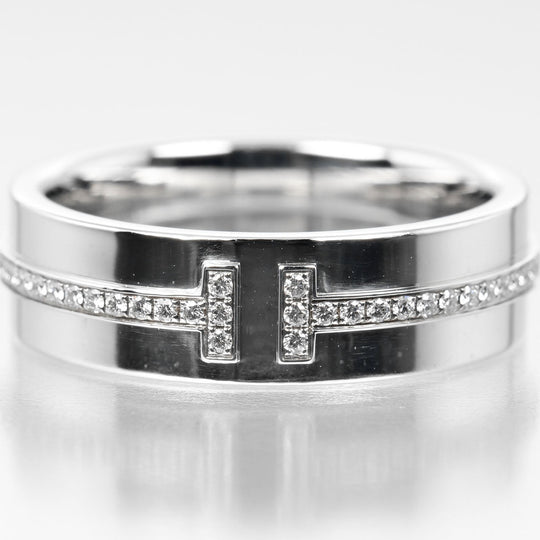 TIFFANY&Co. Ring K18 White Gold, Diamond Silver T TWO wide Women Used Authentic