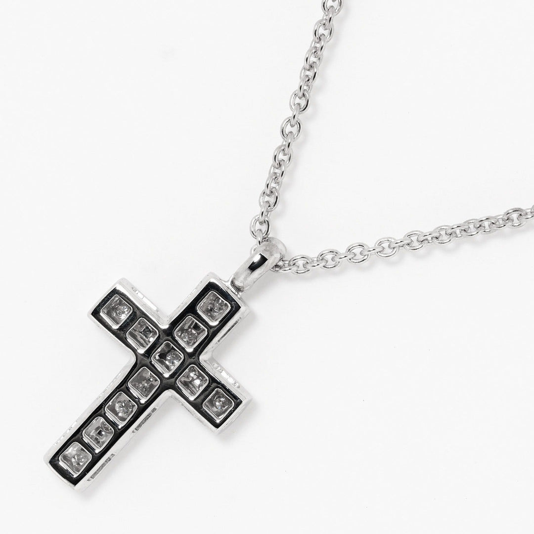 BVLGARI Necklace K18 White Gold, 16P Diamond Silver 9.53g Latin cross Women Used Authentic