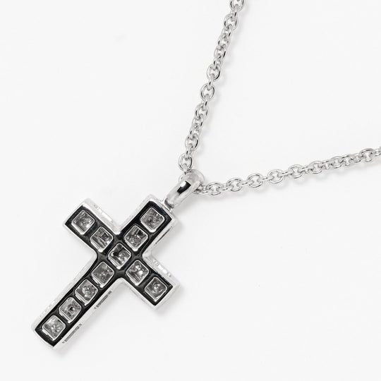 BVLGARI Necklace K18 White Gold, 16P Diamond Silver 9.53g Latin cross Women Used Authentic