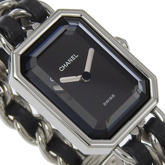 CHANEL Watches Quartz H0451 Stainless Steel , Embossed Leather Silver Premiere S black dial Women Used Authentic