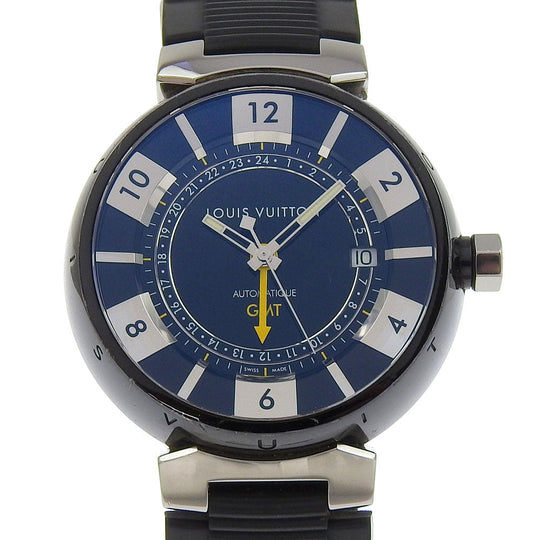 LOUIS VUITTON Watches Mechanical Automatic Q113K Stainless Steel, Rubber Silver Tambour GMT black dial mens Used Authentic