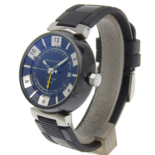 LOUIS VUITTON Watches Mechanical Automatic Q113K Stainless Steel, Rubber Silver Tambour GMT black dial mens Used Authentic