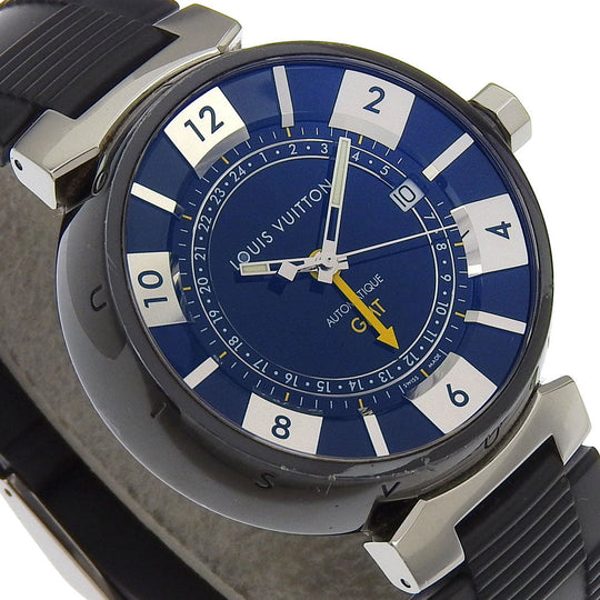 LOUIS VUITTON Watches Mechanical Automatic Q113K Stainless Steel, Rubber Silver Tambour GMT black dial mens Used Authentic