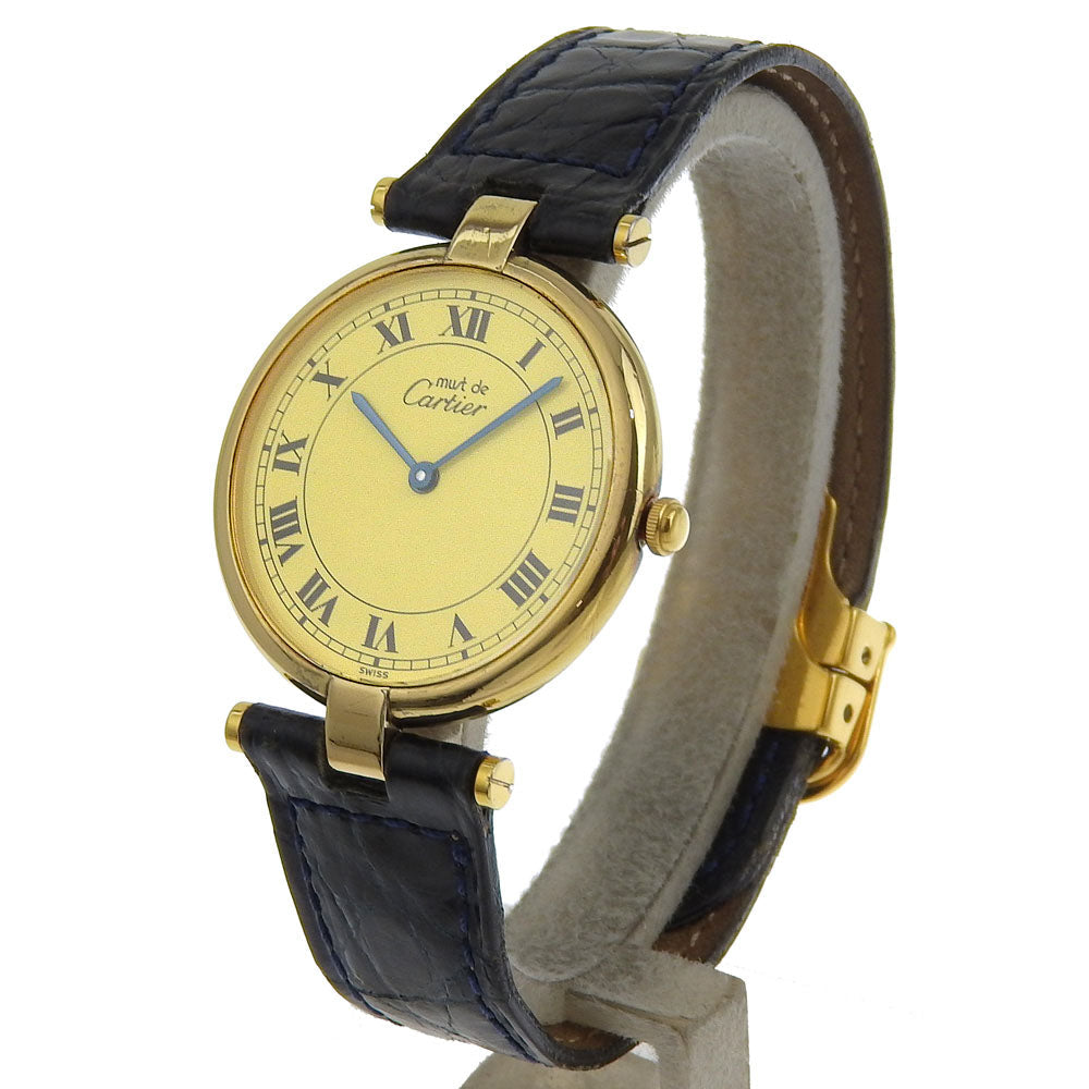 CARTIER Watches Quartz 590003 Silver925, embossed leather gold Vermeille Mast Vendome gold dial Women Used Authentic