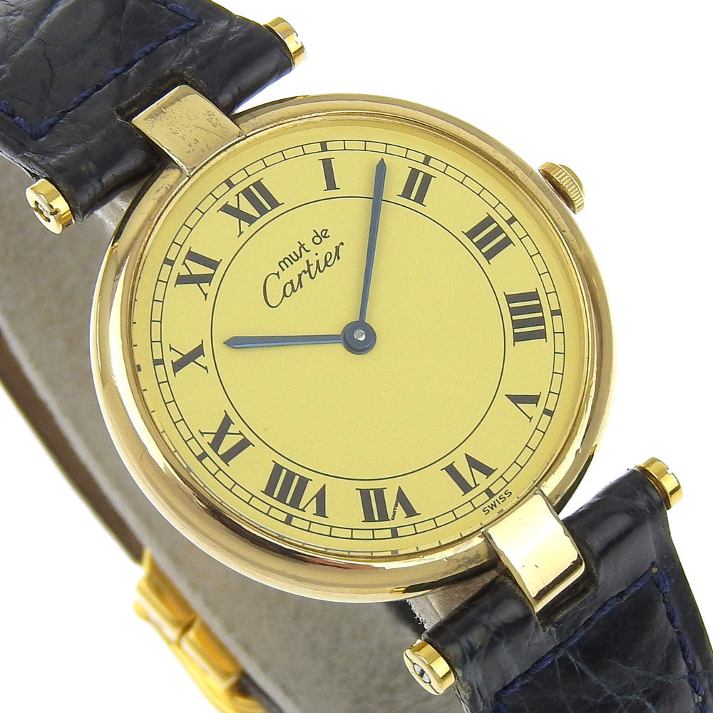 CARTIER Watches Quartz 590003 Silver925, embossed leather gold Vermeille Mast Vendome gold dial Women Used Authentic