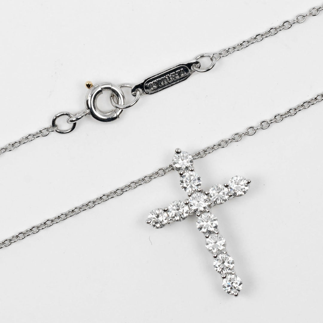 TIFFANY&Co. Necklace Pt950Platinum, Diamond Clear Silver Small cross Women Used Authentic