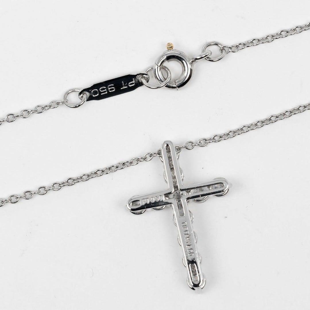 TIFFANY&Co. Necklace Pt950Platinum, Diamond Clear Silver Small cross Women Used Authentic