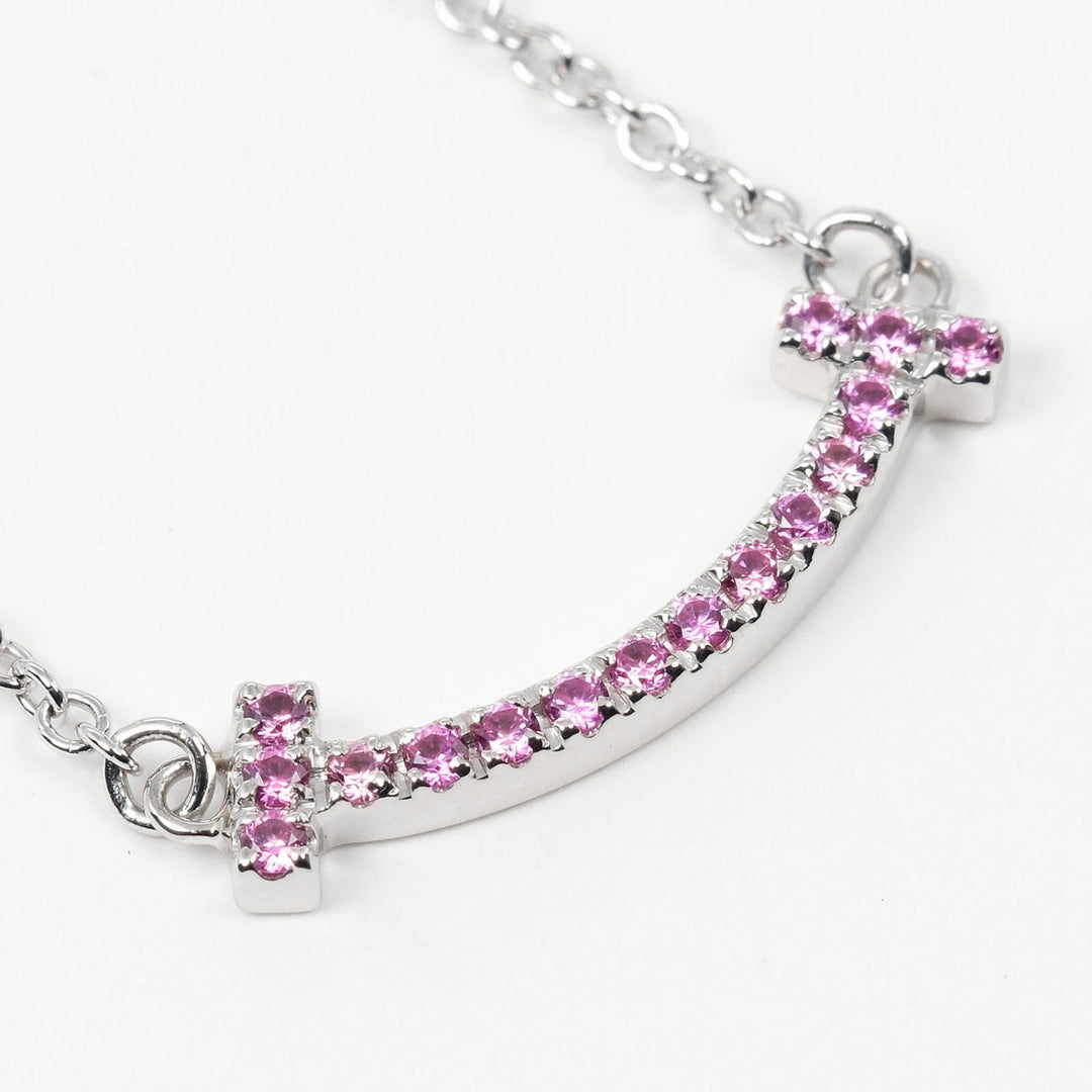 TIFFANY&Co. Necklace K18 White Gold, Pink Sapphire pink T Smile Mini Women Used Authentic